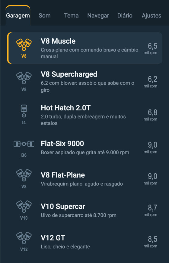 Garagem do EvSound na central, com a lista de motores