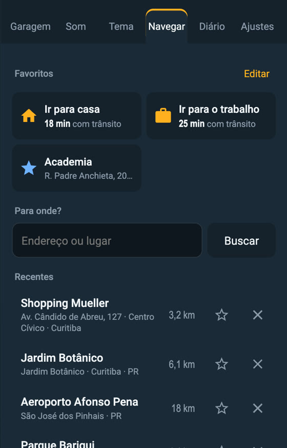 Aba Navegar da central com Casa, Trabalho, favoritos e destinos recentes
